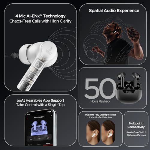 Boat Airdopes 300, Cinematic Spatial Audio, 50HRS Battery, 4Mic AI ENx, Fast Charge, App Support, Low Latency, IPX4, v5.3 Bluetooth Earbuds, TWS Ear Buds Wireless Earphones with mic (Gunmetal Black) - Image 4
