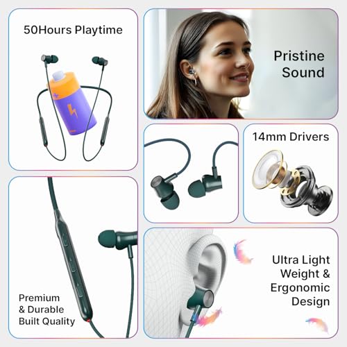 pTron Tangent Evolve w/ 50Hrs Playtime, HD Mic, Pristine Sound, 14mm Drivers, Bluetooth V5.3 w/Dual-Device Pairing Wireless Neckband, Magnetic Buds, Voice Assistant,Type-C Fast Charging & IPX4(Green) - Image 4