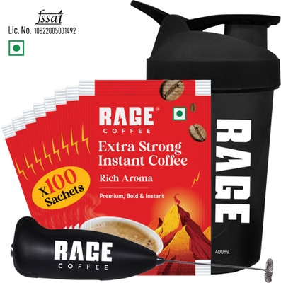 RAGE Extra Strong Premium Blend Coffee Pack of 100+Multipurpose Shaker 450 ml+Frother Instant Coffee(100 x 1.5 g, Assorted Flavoured) - Image 2