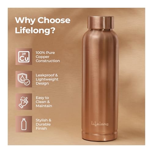 Lifelong 900 ml Copper Water Bottle | Natural alkaline water | Leakproof & Lightweight Design Boosts Immunity | Anti-Bacterial, BPA Free, Odour-Free with Secure Cap for School, Travel, Gym & Work - Image 6