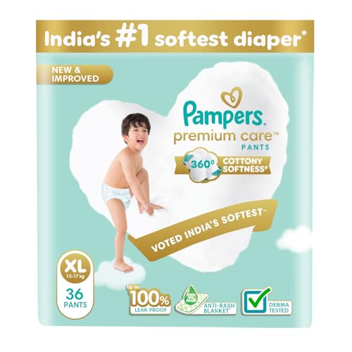 Pampers Premium Care Pant Style Baby Diapers | Extra-Large (XL size) | 36 Count | Voted India's Softest | All-in-1 with 360 Cottony Softness Diapers | 12-17kg