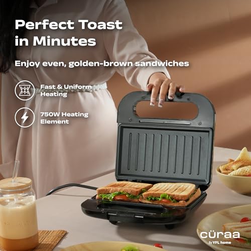 Cüraa Grill Neo Sandwich Maker | 750W Electric Grill Sandwich Toaster Maker | Sandwich Griller with Nonstick Coating Plates | Power Indicators | 2 Year Warranty | Black - Image 3