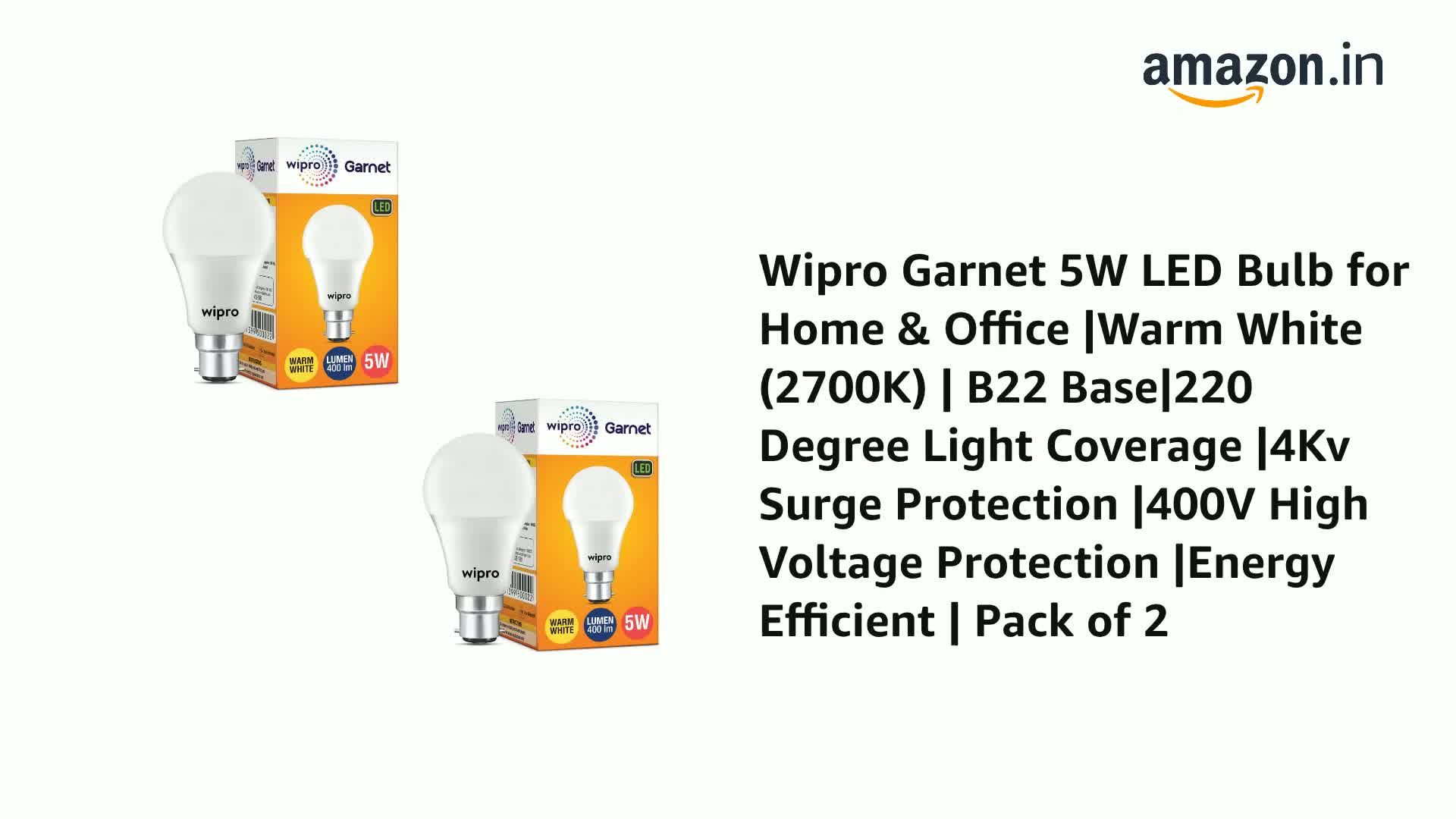 wipro Garnet 5W LED Bulb for Home & Office |Warm White (2700K) | B22 Base|220 Degree Light Coverage |4Kv Surge Protection |400V High Voltage Protection |Energy Efficient | Pack of 2 - Image 2