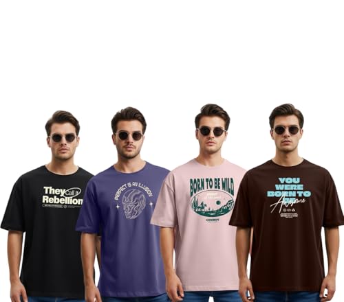 Cotton Blend Oversized Baggy Fit Half Sleeve Printed Round Neck Multicolor Drop Shoulder T-Shirt for Mens & Boys (Pack of 4)