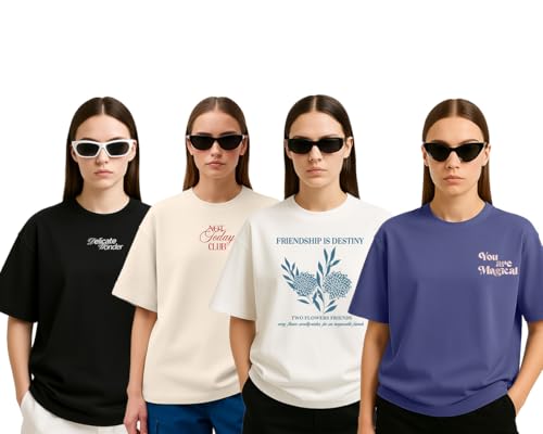 Cotton Blend Oversized Baggy Fit Half Sleeve Printed Round Neck Multicolor Drop Shoulder T-Shirt for Womens & Girls (Pack of 4)