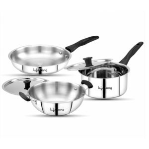 Lifelong 5 Piece Stainless Steel Cookware Set | 2.2L Kadhai with Lid 22cm | 1.4L Fry Pan 22cm | 1.2L Saucepan 16cm | Comes with Two Lid | Induction & Gas Compatible | Bakelite Handles | Easy to Clean
