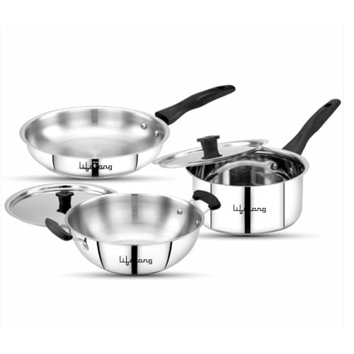 Lifelong 5 Piece Stainless Steel Cookware Set | 2.2L Kadhai with Lid 22cm | 1.4L Fry Pan 22cm | 1.2L Saucepan 16cm | Comes with Two Lid | Induction & Gas Compatible | Bakelite Handles | Easy to Clean
