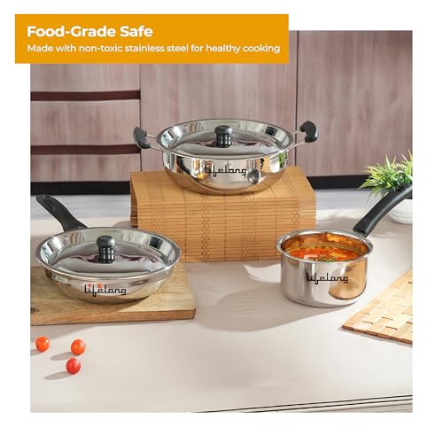 Lifelong 5 Piece Stainless Steel Cookware Set | 2.2L Kadhai with Lid 22cm | 1.4L Fry Pan 22cm | 1.2L Saucepan 16cm | Comes with Two Lid | Induction & Gas Compatible | Bakelite Handles | Easy to Clean - Image 3