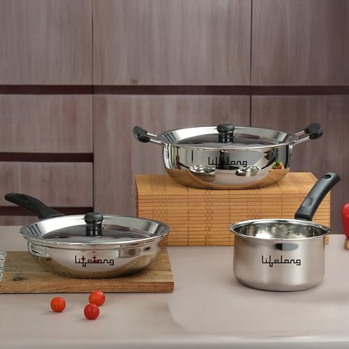 Lifelong 5 Piece Stainless Steel Cookware Set | 2.2L Kadhai with Lid 22cm | 1.4L Fry Pan 22cm | 1.2L Saucepan 16cm | Comes with Two Lid | Induction & Gas Compatible | Bakelite Handles | Easy to Clean - Image 6