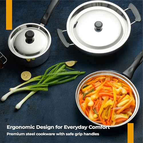 Lifelong 5 Piece Stainless Steel Cookware Set | 2.2L Kadhai with Lid 22cm | 1.4L Fry Pan 22cm | 1.2L Saucepan 16cm | Comes with Two Lid | Induction & Gas Compatible | Bakelite Handles | Easy to Clean - Image 7