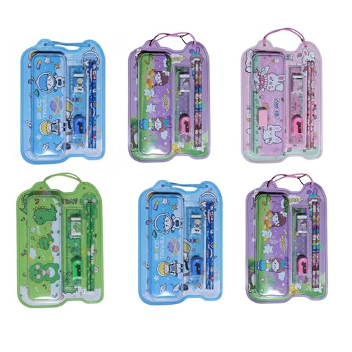 Crackles Stationary Kit for Boys and Girls with Pencil,Scale,Eraser Sharpener and Pencil Box - Stationary Kit Set for Girls/Boys Birthday Gift (Multicolor and Prints)- Pack of 6