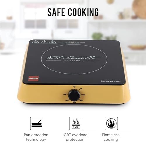 Cello Induction Cooker Blazing 600+ | 1800 Watt Induction Cooktop | 2-in-1 knob design with Grade Crystal Shiny Glass Plate | Compact and Portable | Multi-Purpose Use | Golden - Image 3