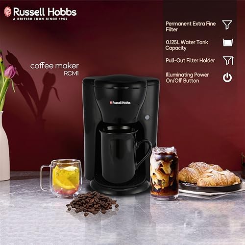 Russell Hobbs Quiet Brew 1 Cup Coffee Maker | 300W, 0.125L Capacity, Fast Brewing in Under 3 Minutes | Includes Ceramic Cup & Permanent Filter | Compact Design, Anti-Slip Coaster | 2-Year Warranty - Image 5