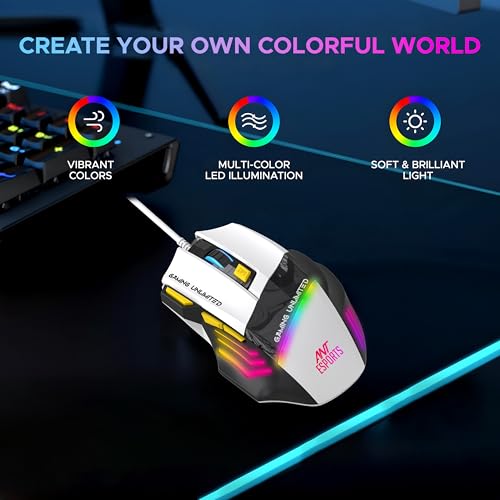 Ant Esports GM100 V2 Optical Gaming Mouse,7 Button Wired USB Mouse, 4000 FPS Sensor, 3600 DPI, RGB Lighting,1.5m PVC Cable, Ergonomic Design, for Windows PC, Laptop,Gaming & Office Use- Black & White - Image 4