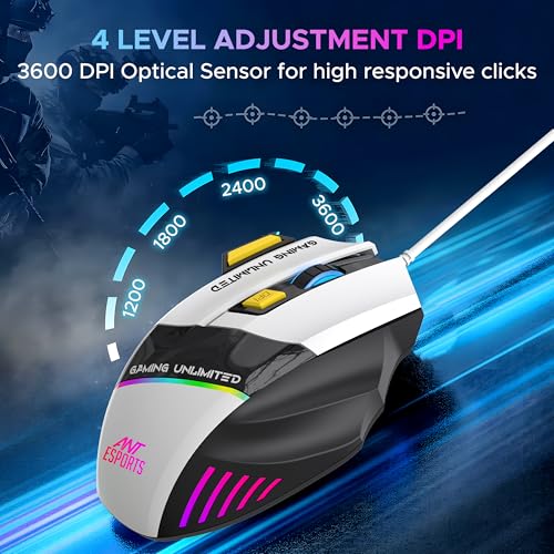 Ant Esports GM100 V2 Optical Gaming Mouse,7 Button Wired USB Mouse, 4000 FPS Sensor, 3600 DPI, RGB Lighting,1.5m PVC Cable, Ergonomic Design, for Windows PC, Laptop,Gaming & Office Use- Black & White - Image 5
