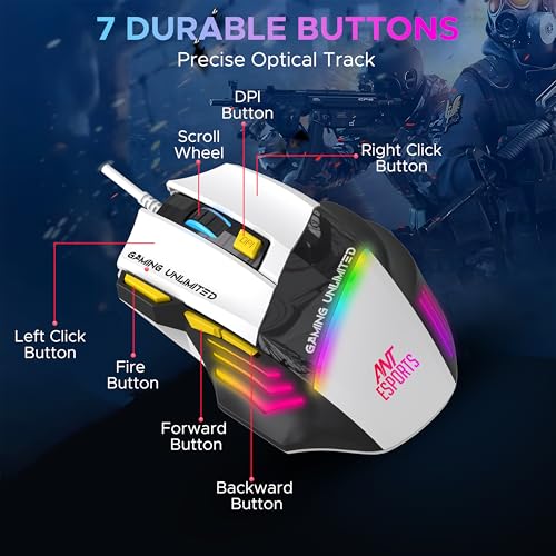Ant Esports GM100 V2 Optical Gaming Mouse,7 Button Wired USB Mouse, 4000 FPS Sensor, 3600 DPI, RGB Lighting,1.5m PVC Cable, Ergonomic Design, for Windows PC, Laptop,Gaming & Office Use- Black & White - Image 7