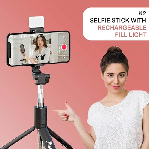 Kratos 28 Inch Selfie Stick Tripod Stand with Light, 3-in-1 Multifunctional Design, Rechargeable LED Light with Two Brightness Levels with Bluetooth Remote for Makeup, Selfie & Photoshoot - Image 3
