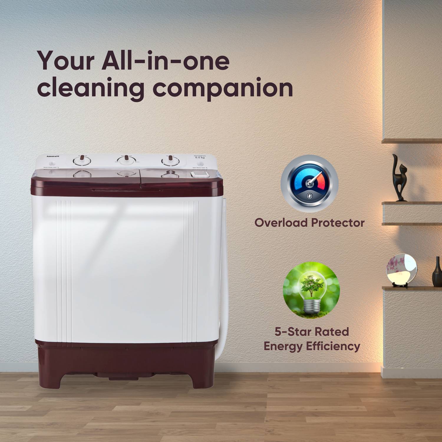 Admiral Admiral 6.5 kg Semi Automatic Top Load Washing Machine Maroon, White - Image 2