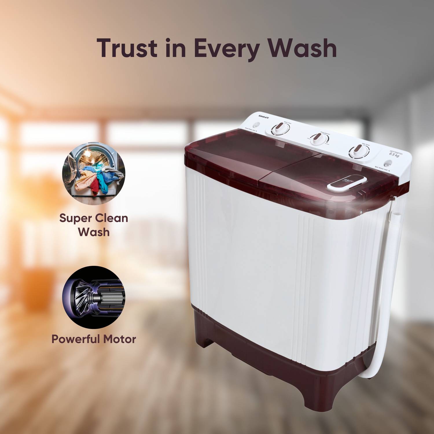 Admiral Admiral 6.5 kg Semi Automatic Top Load Washing Machine Maroon, White - Image 3