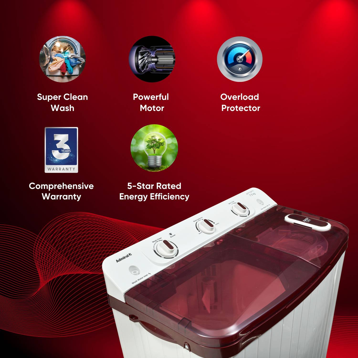 Admiral Admiral 6.5 kg Semi Automatic Top Load Washing Machine Maroon, White - Image 4