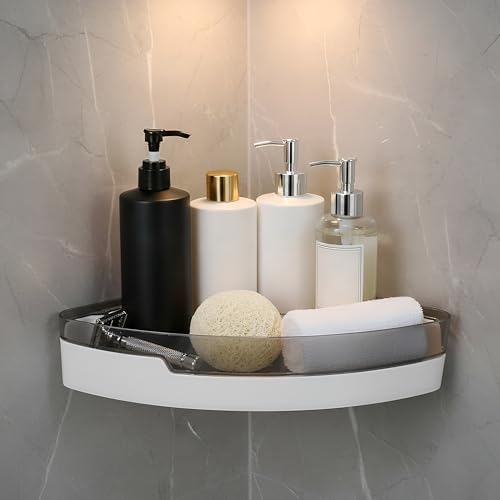 IBELL Bathroom Corner Shelf Without Drilling, Adhesive Wall Mounted Corner Rack for Bathroom Organizer, ABS Plastic Shower Shelf for Toiletries, Kitchen & Washroom Storage (Black & White, 1 Pc)