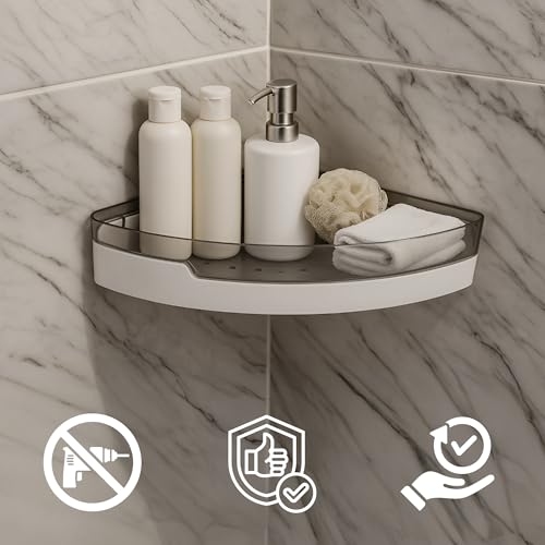 IBELL Bathroom Corner Shelf Without Drilling, Adhesive Wall Mounted Corner Rack for Bathroom Organizer, ABS Plastic Shower Shelf for Toiletries, Kitchen & Washroom Storage (Black & White, 1 Pc) - Image 3