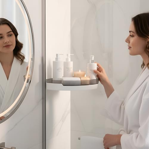 IBELL Bathroom Corner Shelf Without Drilling, Adhesive Wall Mounted Corner Rack for Bathroom Organizer, ABS Plastic Shower Shelf for Toiletries, Kitchen & Washroom Storage (Black & White, 1 Pc) - Image 4