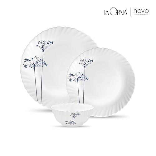 La Opala Novo Collection Opal Glass Crockery | for Family of 6 | Dinner Set 18 pcs Aqua Spray | Plates & Bowls for Dining | Microwave Safe | 100% Vegetarian | Extra Strong | Light & White - Image 2