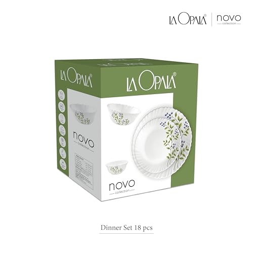 La Opala Novo Collection Opal Glass Crockery | for Family of 6 | Dinner Set 18 pcs Aqua Spray | Plates & Bowls for Dining | Microwave Safe | 100% Vegetarian | Extra Strong | Light & White - Image 5