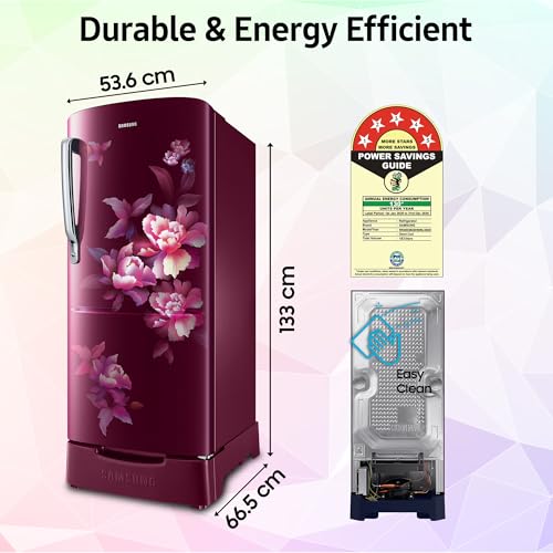 Samsung 183 L, 5 Star, Digital Inverter, Direct-Cool Single Door Refrigerator (RR20D2825HN/NL, Himalaya Poppy Red, Base Stand Drawer) - Image 3