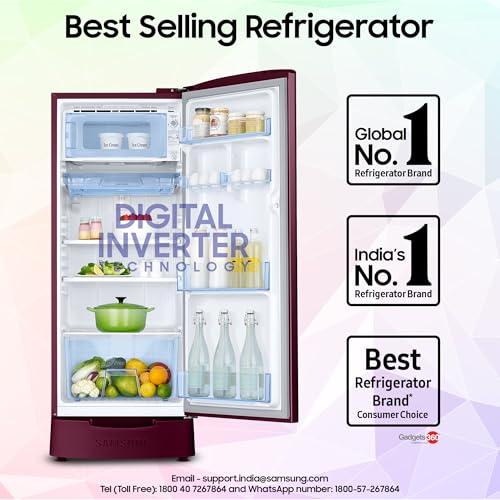 Samsung 183 L, 5 Star, Digital Inverter, Direct-Cool Single Door Refrigerator (RR20D2825HN/NL, Himalaya Poppy Red, Base Stand Drawer) - Image 5