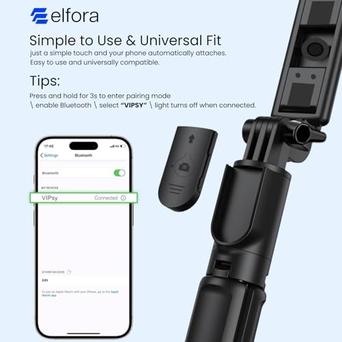 Elfora Bluetooth Selfie Stick Tripod Stand with 360 Degree Adjustable Compatible for iPhone and Android Smartphones, Perfect for Capturing Stunning Photos, Vlog and Photoshoot 90cm (Black) - Image 3
