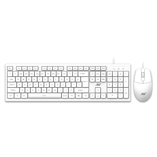 Ant MASTER10 Full Size Wired Combo Keyboard and Mouse Set, 104 Keys, 6 Anti-Ghosting, Membrane Switch, 3D Optical Mouse, 1200 DPI, USB Plug & Play, for Windows, Mac, Linux – White