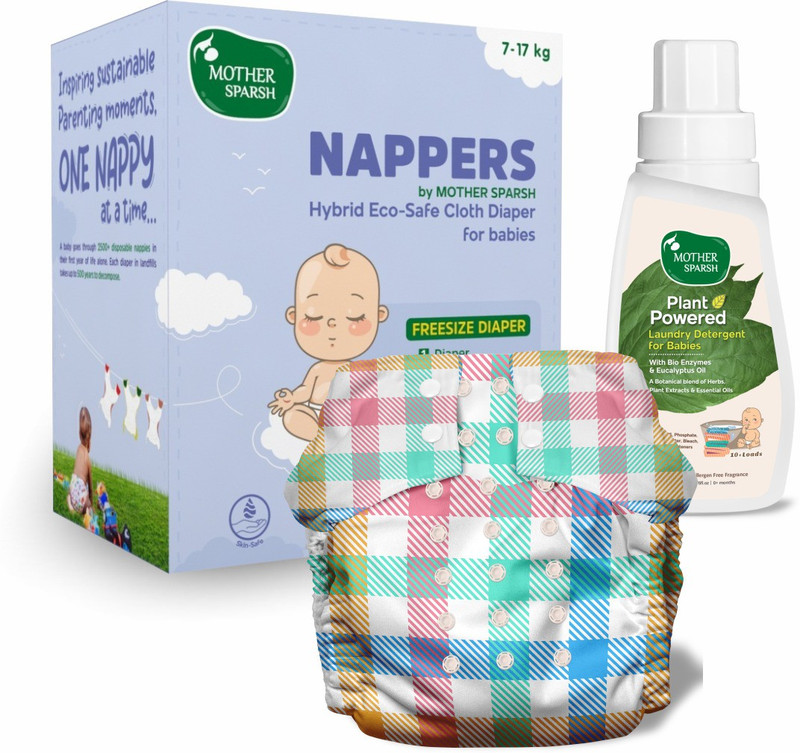 Mother Sparsh Nappers Free Size Cloth Diaper + 1 Hybrid Soaker Pad & Baby Detergent 200ml