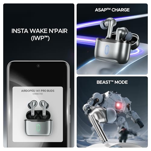 Boat Airdopes 141 Pro Buds, 13mm Drivers, Metallic Finish, 60HRS Battery, 4Mics ENx, Fast Charge, IPX5, v5.3 Bluetooth TWS in Ear Earbuds Wireless Earphones with mic (Surfer Silver) - Image 4