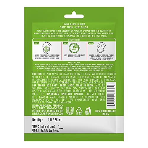 Lakme Blush & Glow Kiwi Sheet Mask, 25 ml - Image 2