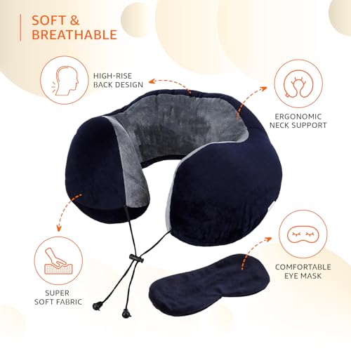 Amazon Basics Premium Travel Neck Pillow + Sleeping Eye Mask Combo with Portable Bag| Ergonomic | Orthopedic Support | Super Soft Fabric | Ideal for Flight, Car & Travel Comfort (Navy Blue & Gray) - Image 2