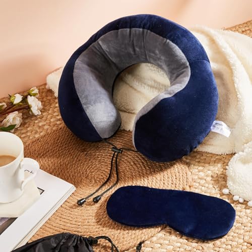 Amazon Basics Premium Travel Neck Pillow + Sleeping Eye Mask Combo with Portable Bag| Ergonomic | Orthopedic Support | Super Soft Fabric | Ideal for Flight, Car & Travel Comfort (Navy Blue & Gray) - Image 5