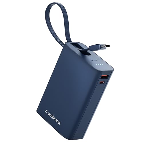 Ambrane 20000mAh Pocket Compact Power Bank with Built-in Type-C Cable | 22.5W Fast Charge PD & USB Output | Dual Device Charging | Portable Charger for iPhone & Android Phones & Other Devices (Blue)