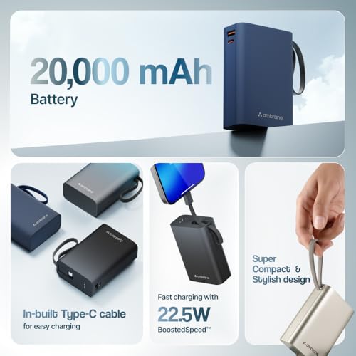 Ambrane 20000mAh Pocket Compact Power Bank with Built-in Type-C Cable | 22.5W Fast Charge PD & USB Output | Dual Device Charging | Portable Charger for iPhone & Android Phones & Other Devices (Blue) - Image 3