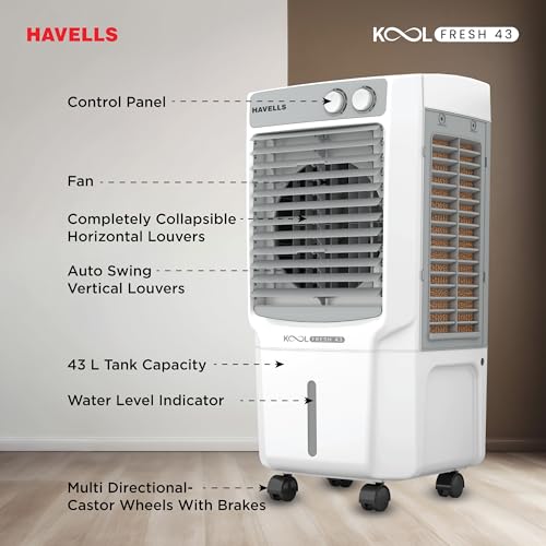 Havells KoolFresh 43 L Personal Air Cooler for Room|Powerful Air-Delivery|Dual Flow Technology|Fan & 3 Side Bacteria Shield Honeycomb Pads|Ice Chamber|Fully Collapsible Louvers|Front Wheel with Brakes - Image 2