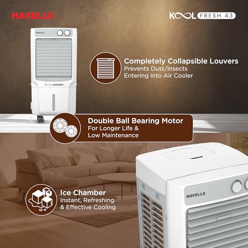 Havells KoolFresh 43 L Personal Air Cooler for Room|Powerful Air-Delivery|Dual Flow Technology|Fan & 3 Side Bacteria Shield Honeycomb Pads|Ice Chamber|Fully Collapsible Louvers|Front Wheel with Brakes - Image 6