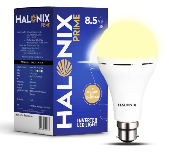 Halonix 8.5W Rechargeable Emergency Inverter LED Bulb | Emergency Light | Upto 4 Hours Battery | B22D | 1 Year - Warranty (Pack of 1, Warm Yellow)