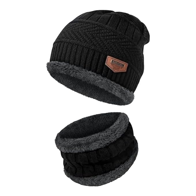 Fitness Mantra® Beanie Cap & Muffler for Men & Women| Beanie Cap| Woolen Topaa| Winter Cap| Head & Neck Warmer| Black Color| 1 Set| - Image 2