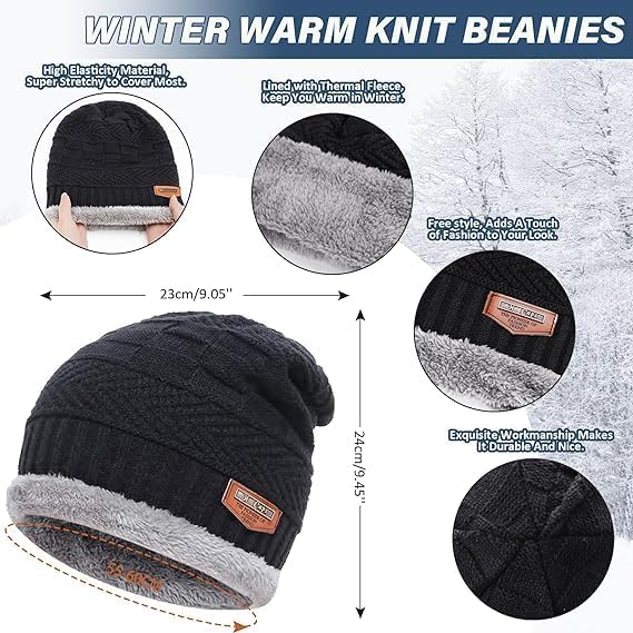 Fitness Mantra® Beanie Cap & Muffler for Men & Women| Beanie Cap| Woolen Topaa| Winter Cap| Head & Neck Warmer| Black Color| 1 Set| - Image 5