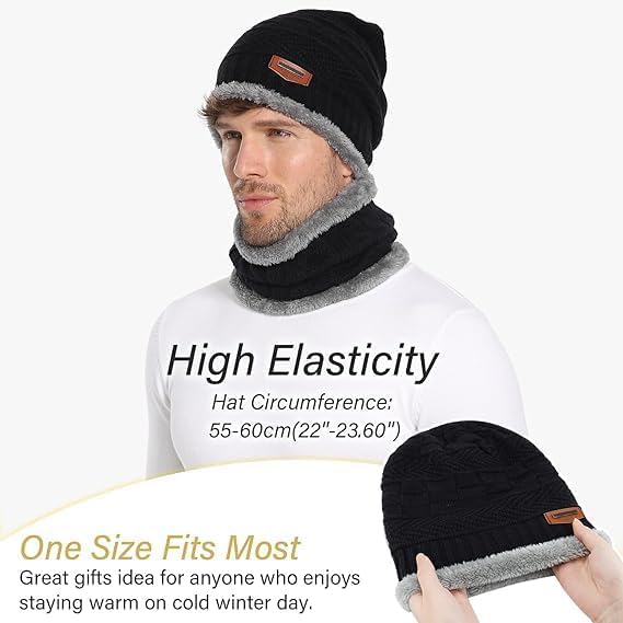 Fitness Mantra® Beanie Cap & Muffler for Men & Women| Beanie Cap| Woolen Topaa| Winter Cap| Head & Neck Warmer| Black Color| 1 Set| - Image 7