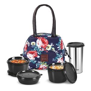 MILTON Floret Lunch Box with Insulated Fabric Jacket, 3 Microware Safe Inner Stainless Steel Containers 180ml, 320ml, 320ml &Tumbler with lid 415ml, Leakproof Tiffin for Office, College, Navy Blue