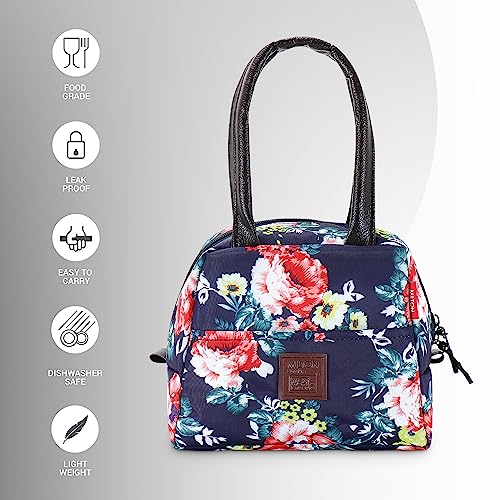 MILTON Floret Lunch Box with Insulated Fabric Jacket, 3 Microware Safe Inner Stainless Steel Containers 180ml, 320ml, 320ml &Tumbler with lid 415ml, Leakproof Tiffin for Office, College, Navy Blue - Image 3