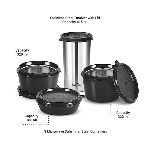 MILTON Floret Lunch Box with Insulated Fabric Jacket, 3 Microware Safe Inner Stainless Steel Containers 180ml, 320ml, 320ml &Tumbler with lid 415ml, Leakproof Tiffin for Office, College, Navy Blue - Image 4