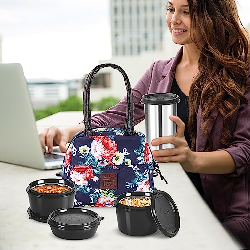MILTON Floret Lunch Box with Insulated Fabric Jacket, 3 Microware Safe Inner Stainless Steel Containers 180ml, 320ml, 320ml &Tumbler with lid 415ml, Leakproof Tiffin for Office, College, Navy Blue - Image 5
